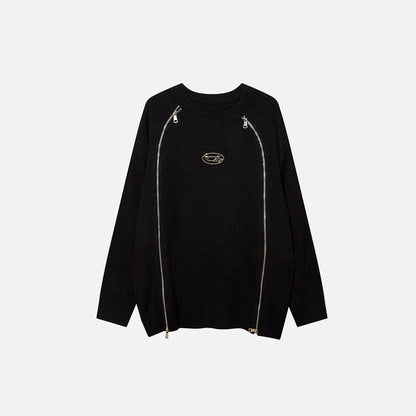 Front view of the black Spliced Round-neck Zipper Sweater in a gray background 