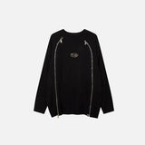 Front view of the black Spliced Round-neck Zipper Sweater in a gray background 