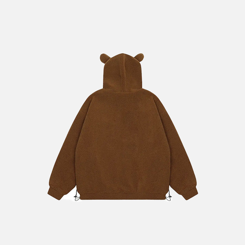 Back view of the brown Loose Sad Bear Ears Fleece Jacket in a gray background