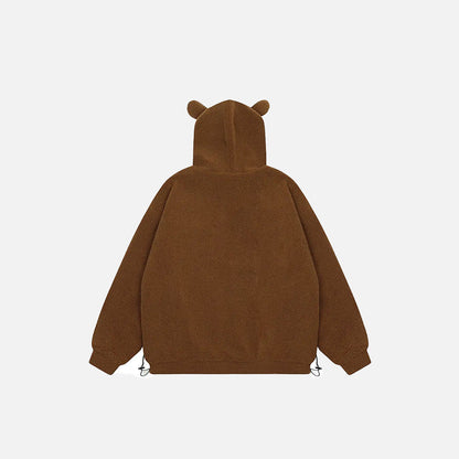 Back view of the brown Loose Sad Bear Ears Fleece Jacket in a gray background