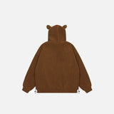 Back view of the brown Loose Sad Bear Ears Fleece Jacket in a gray background