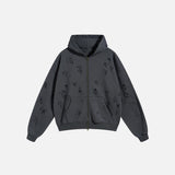 Front View of the gray Y2K Torn Tracks Hoodie in a gray background