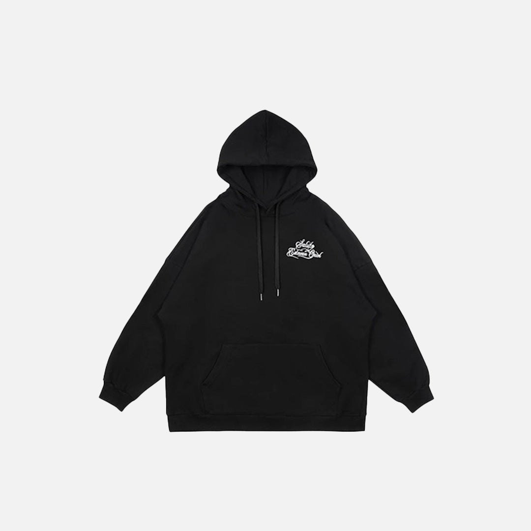 Front view of the black Y2K Silent Gesture Hoodie in a gray background