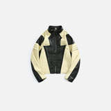 Pleated Contrast Biker Leather Jacket