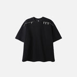 Front view of the Edgy Black Zip-Up T-shirt in a gray background