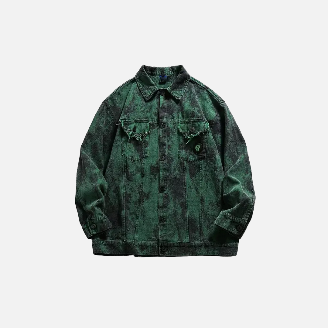 Durable Green Ripped Tie Dye Denim Jacket