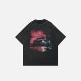 Front view of the washed black Y2K Washed Racing Car T-shirt in a gray background 