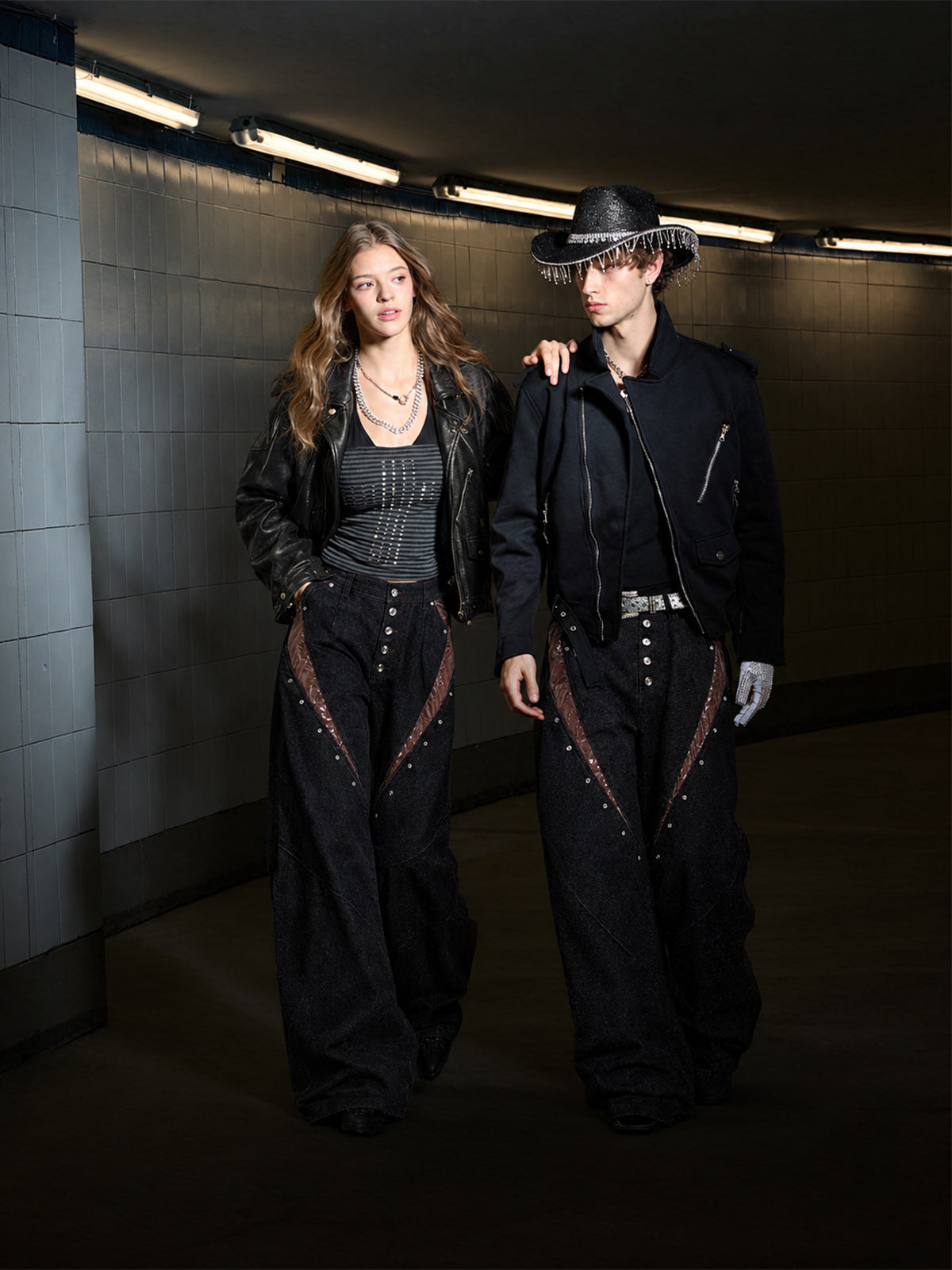 Leather Patchwork Studded Loose-Fit Jeans; Black / M, Black / L, Black / XL, Black / 2XL