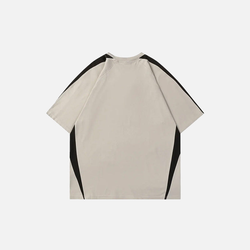 Back view of the beige Y2K Embroidery Patchwork Sports T-shirt in a gray background