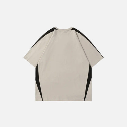 Back view of the beige Y2K Embroidery Patchwork Sports T-shirt in a gray background