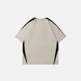 Back view of the beige Y2K Embroidery Patchwork Sports T-shirt in a gray background