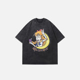 Front view of the black Loose Washed Anime Printed T-Shirt in a gray background 