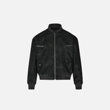 Front view of the black Oversized Loose Washed Leather Jacket in a gray background 