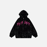 Front view of the Fuzzy Black Jacket in a gray background