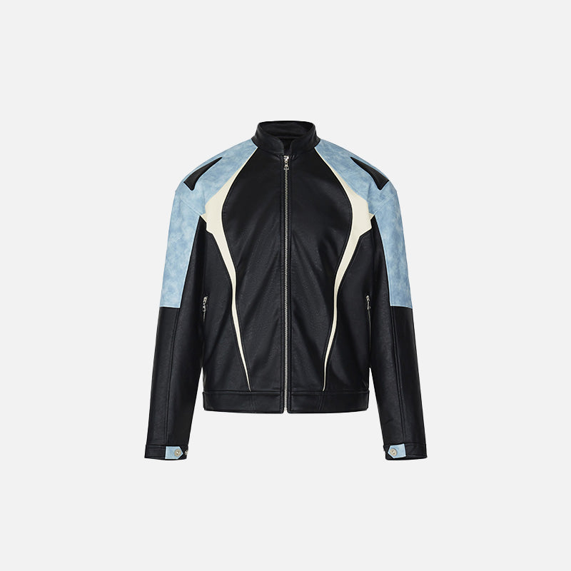 Front view of the blue Loose Contrast Color Motorcycle Jacket in a gray background 