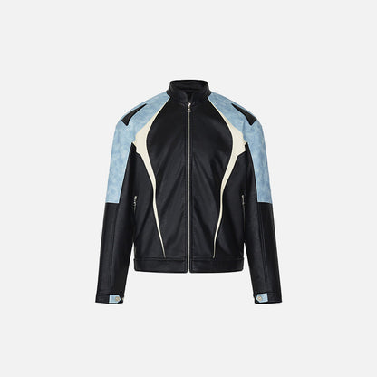 Front view of the blue Loose Contrast Color Motorcycle Jacket in a gray background 