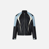 Front view of the blue Loose Contrast Color Motorcycle Jacket in a gray background 