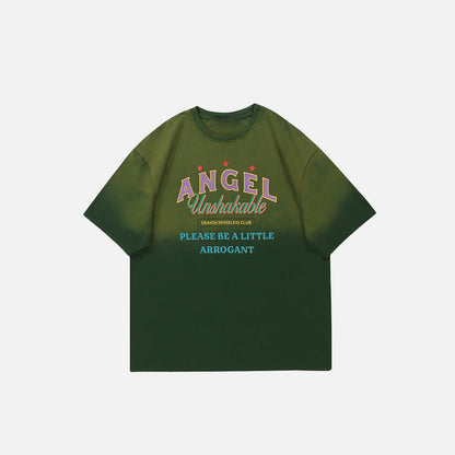 Front view of the green Retro Classic Angel T-Shirt in a gray background 