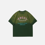 Front view of the green Retro Classic Angel T-Shirt in a gray background 