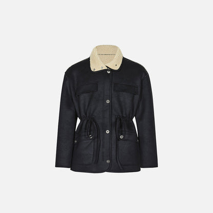 Front view of the black Loose Retro Lambs Wool Coat in a gray background 