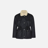 Front view of the black Loose Retro Lambs Wool Coat in a gray background 