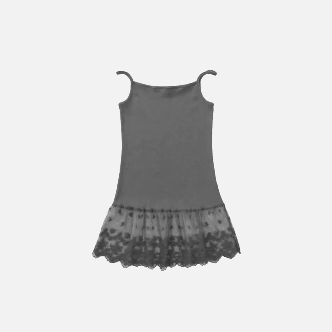 Front view of the gray Lace Hem Slip Dress in a gray background