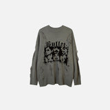 Front view of the gray Loose Face Graphic Ripped Sweater in a gray background
