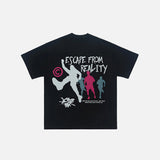 Front view of the black Reality Runner T-shirt in a gray background