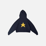 Back view of the navy Y2K Starburst Hoodie in a gray background