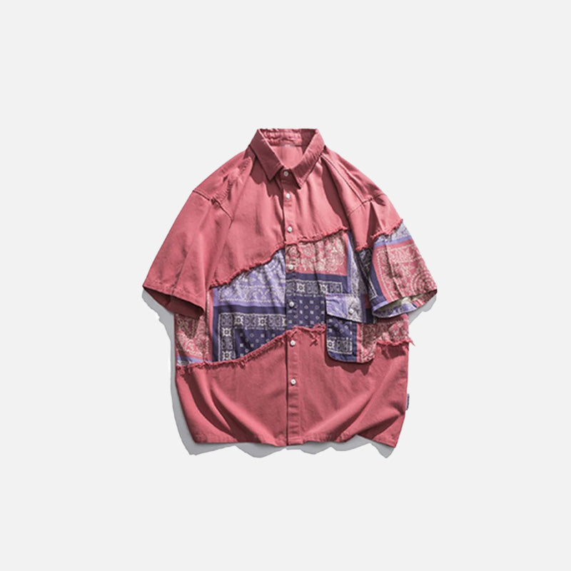 Front view of the pink Bandanna Patchwork Shirt in a gray background