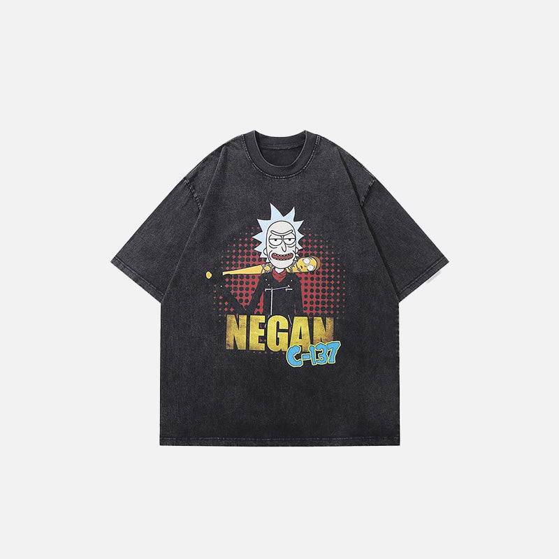 Front view of the black "Negan C-137" Rick Printed T-Shirt in a gray background 