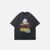 Front view of the black "Negan C-137" Rick Printed T-Shirt in a gray background 