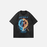 Front view of the black Oversized Vintage Anime Washed T-shirt in a gray background