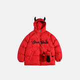 Front view of the red Loose Devil Horns Wings with Bag Jacket in a gray background