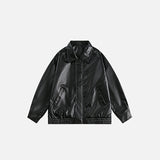 Front view of the black Loose Solid Color Leather Jacket in a gray background 