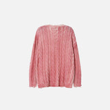 Back view of the pink Distressed Cable Knit Sweater in a gray background