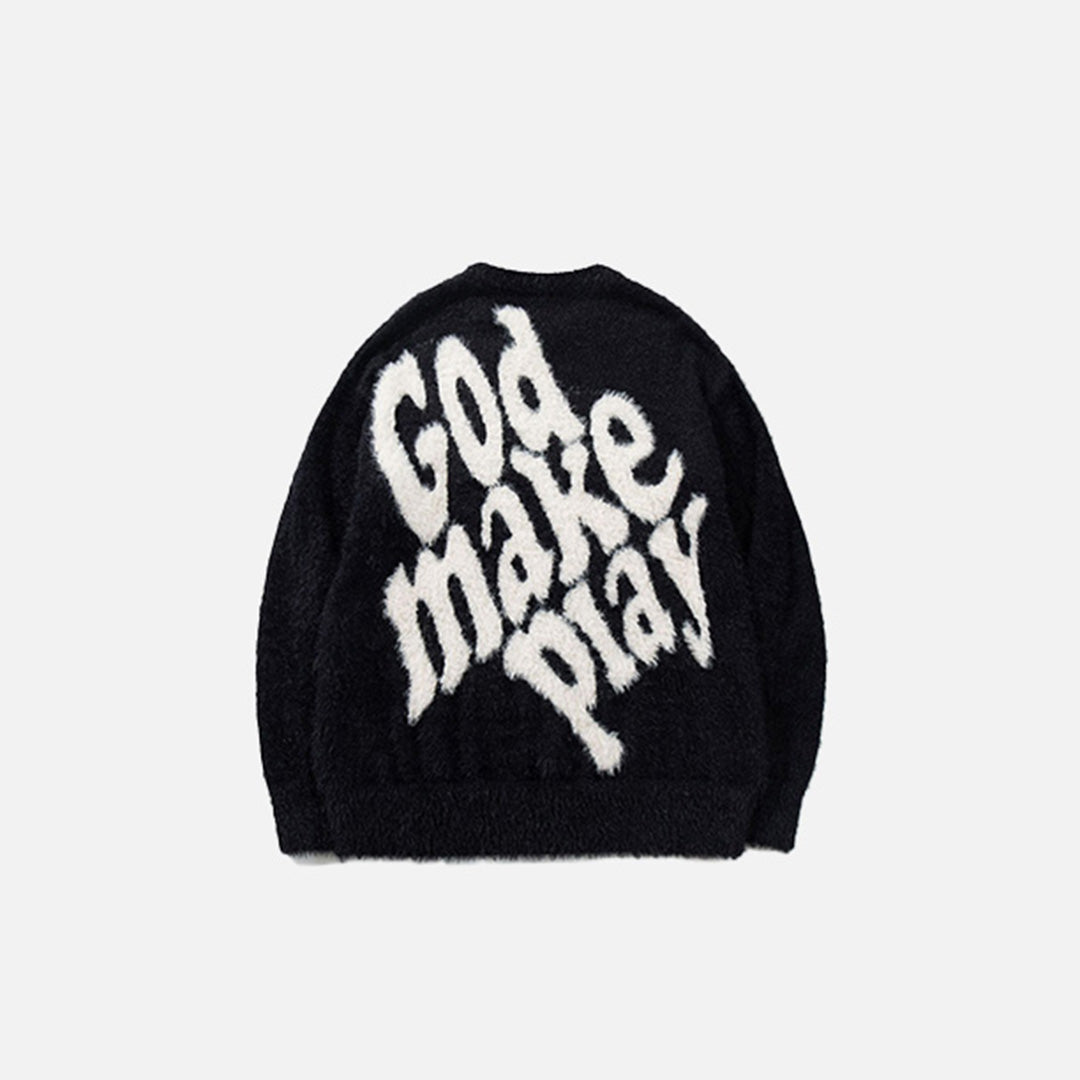 Back view of the black Pray The Lord Crewneck Sweater in a gray background