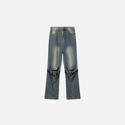 Front view of the Detachable Versatile Denim Pants in a gray background 