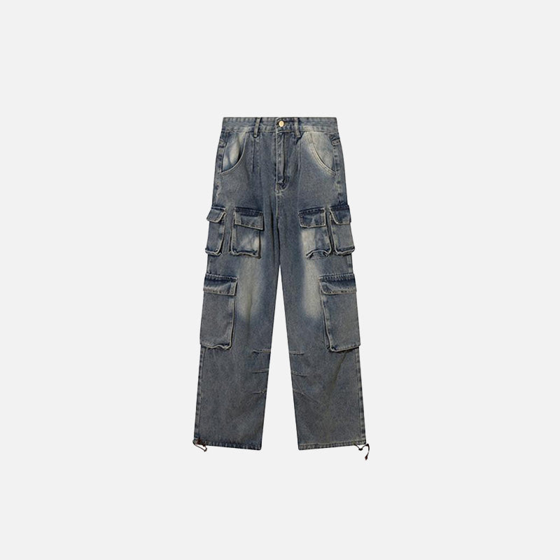Front view of the Multi-Pockets Retro Loose Pants in a gray background 