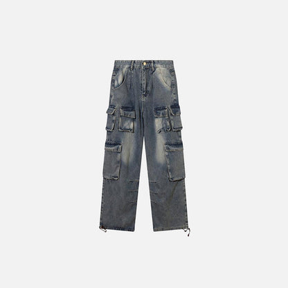 Front view of the Multi-Pockets Retro Loose Pants in a gray background 