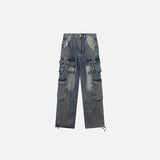 Front view of the Multi-Pockets Retro Loose Pants in a gray background 
