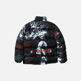 Back view of the black Chaos Graphic Puffer Jacket in a gray background