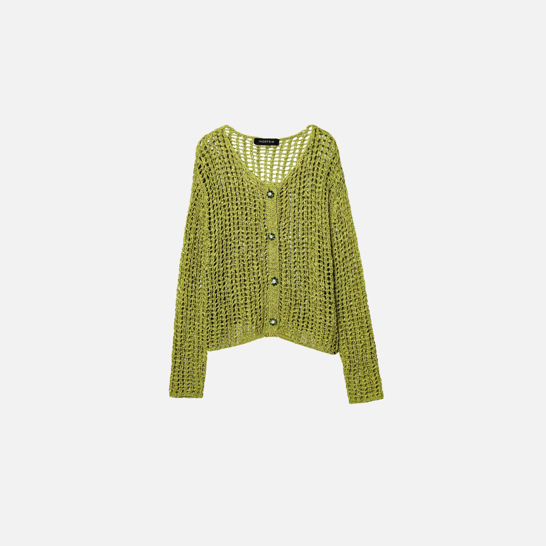 Green Mesh Embellished V-Neck Knit Cardigan