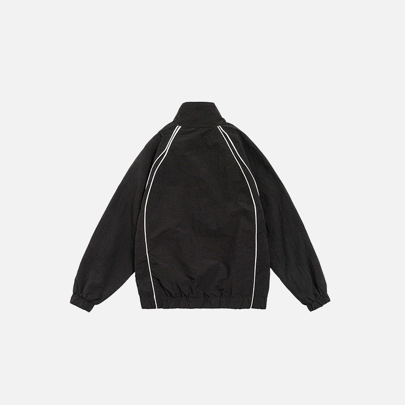 Back view of the black Vintage Striped Varsity Jacket in a gray background 
