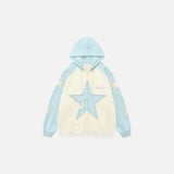 Front view of the blue Cosmic Dreamer Hoodie in a gray background