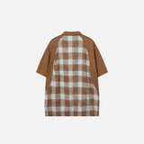 Back view of the brown Patchwork Plaid Splicing Color Shirt in a gray background