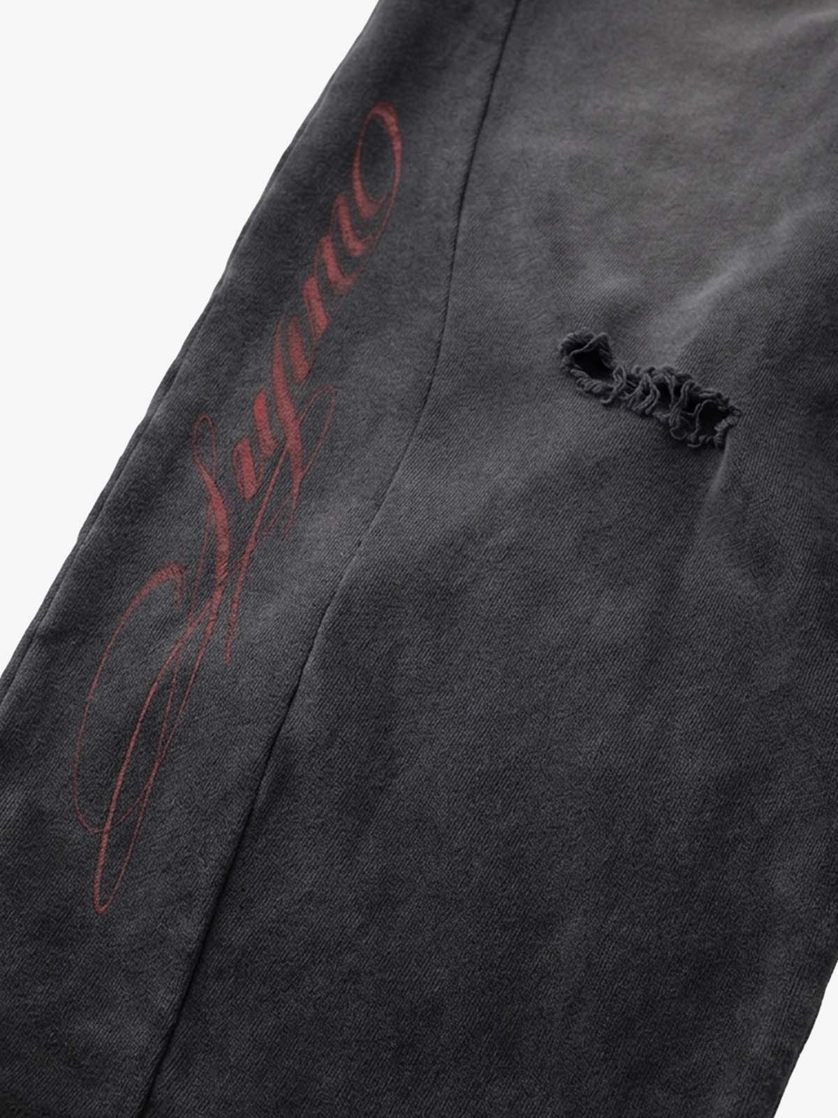 Faux Tongue-Stud Washed Distressed Baggy Pants