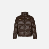 Front view of the coffee Letter Printed Padded Leather Jacket in a gray background 