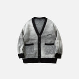 Front view of the gray Loose Long Sleeve Open Front Sweater in a gray background 