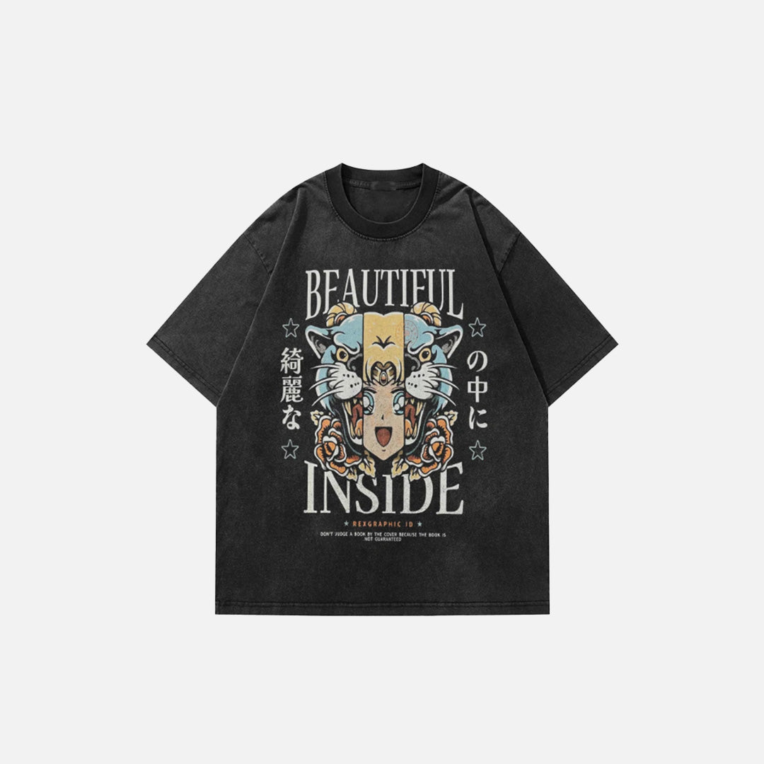 Front view of the black Inner Roar T-shirt in a gray background